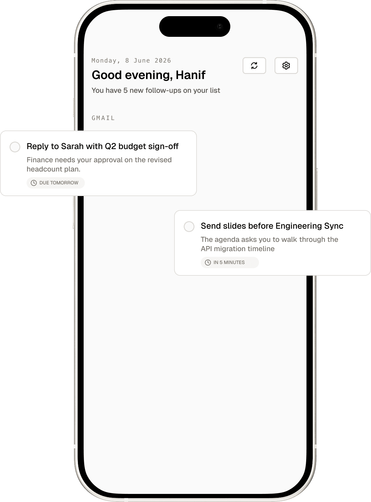 Brief app on a phone showing a daily briefing